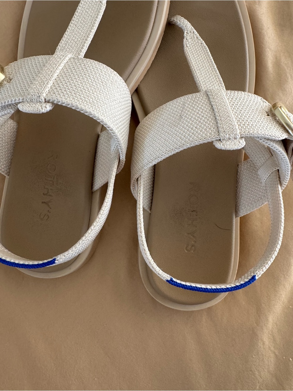 Rothy's White Slingback Thong Sandals with Gold Buckle - Picture 2 of 5